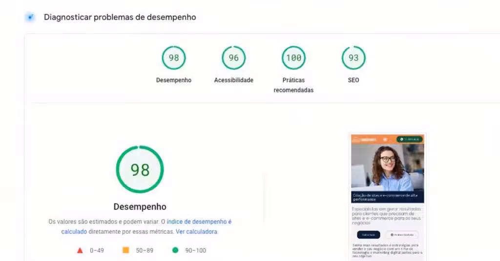 Uma imagem com um exemplo de um resultado positivo no Google Page Speed Insights